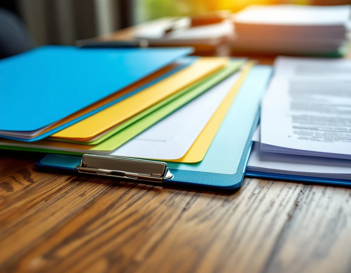 Organized compliance folders and training materials on professional office desk with warm natural lighting