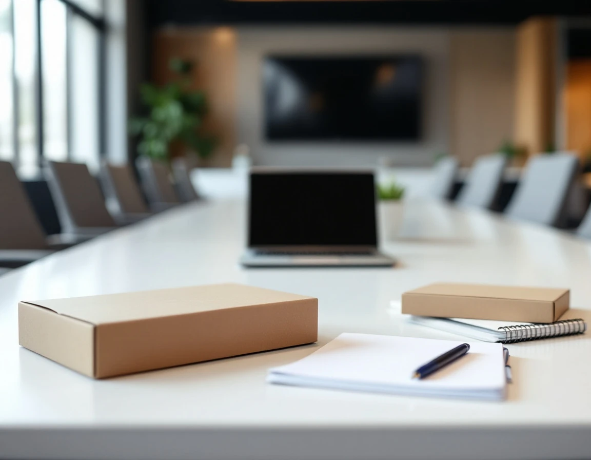 Conference table with unopened employee onboarding materials and empty chairs in modern office