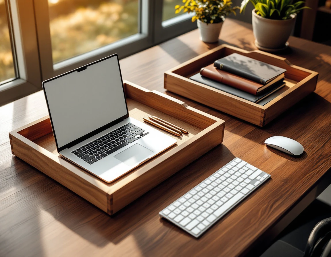 Three organized training systems displayed on a modern office desk with warm natural lighting
