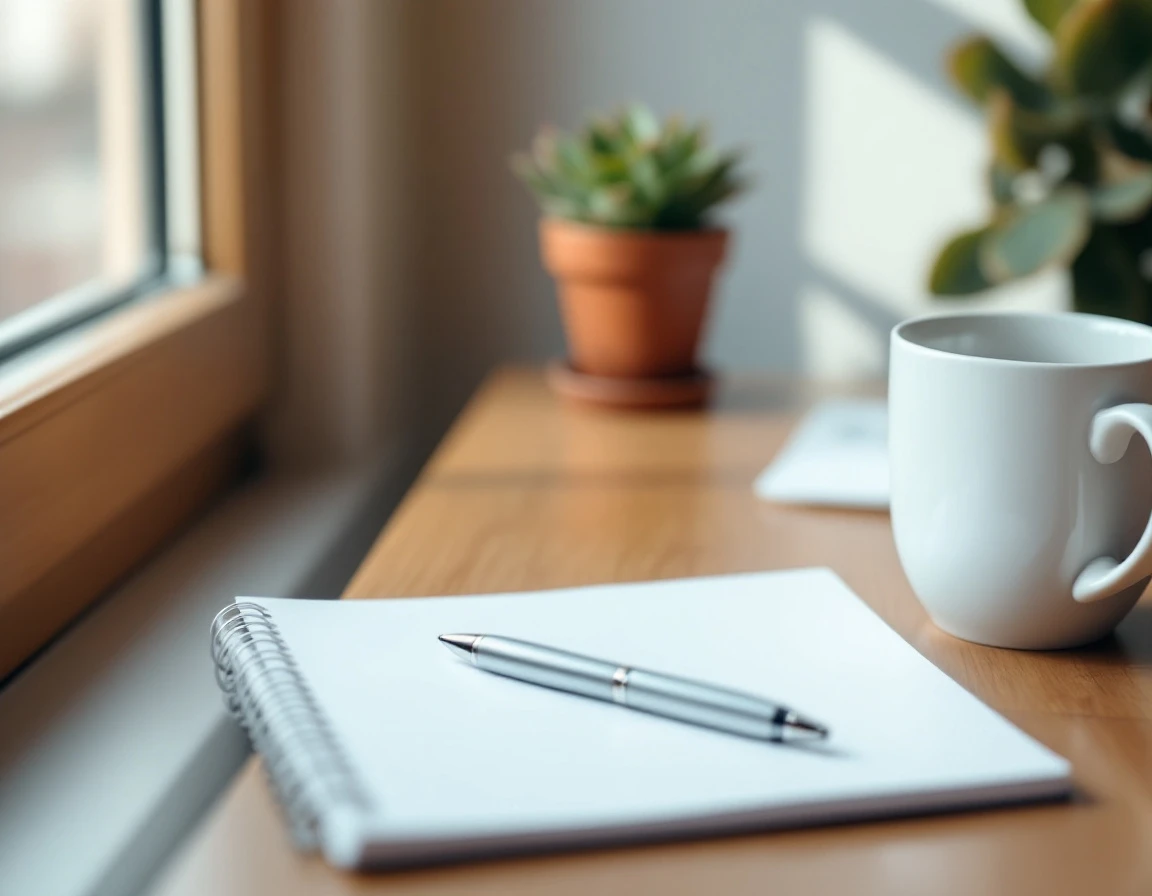 Clean desk workspace with open notebook, pen, coffee mug, and plant in natural window light