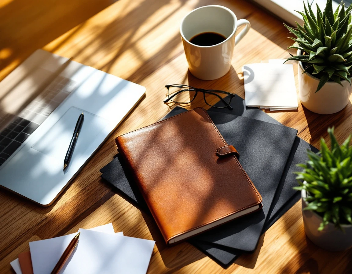 Sunlit manager's desk with closed journal, laptop, coffee mug, and planning materials for employee development