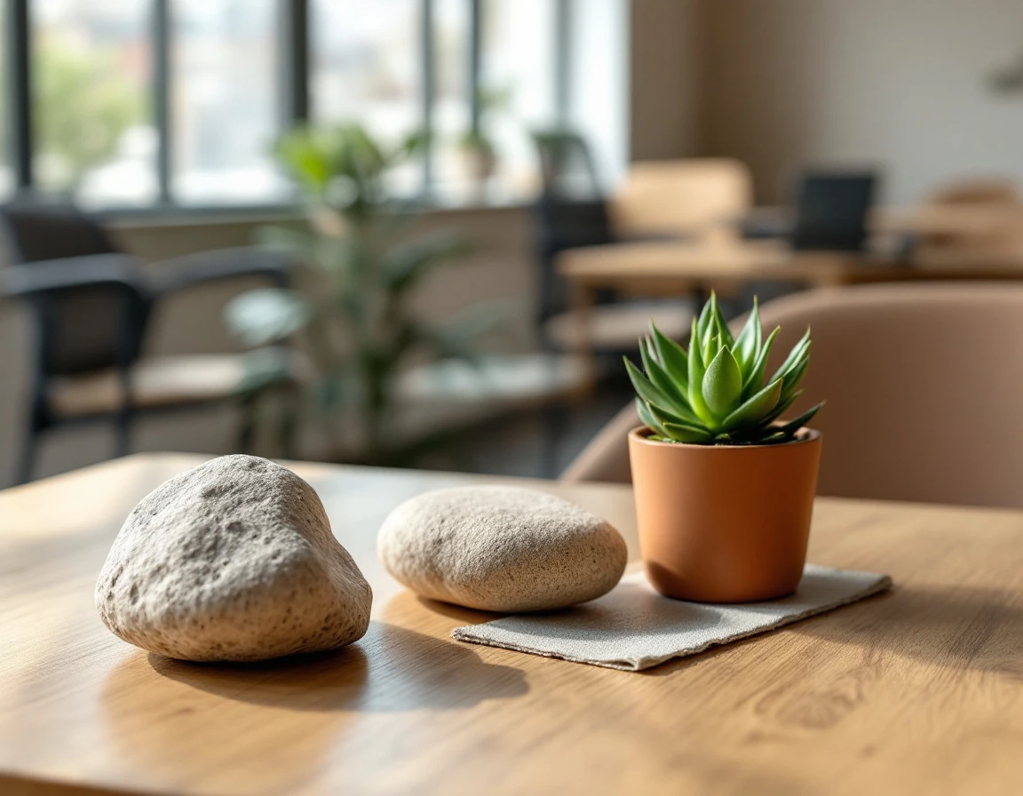 Three tactile objects on wooden table representing emotional engagement elements in retail training environment