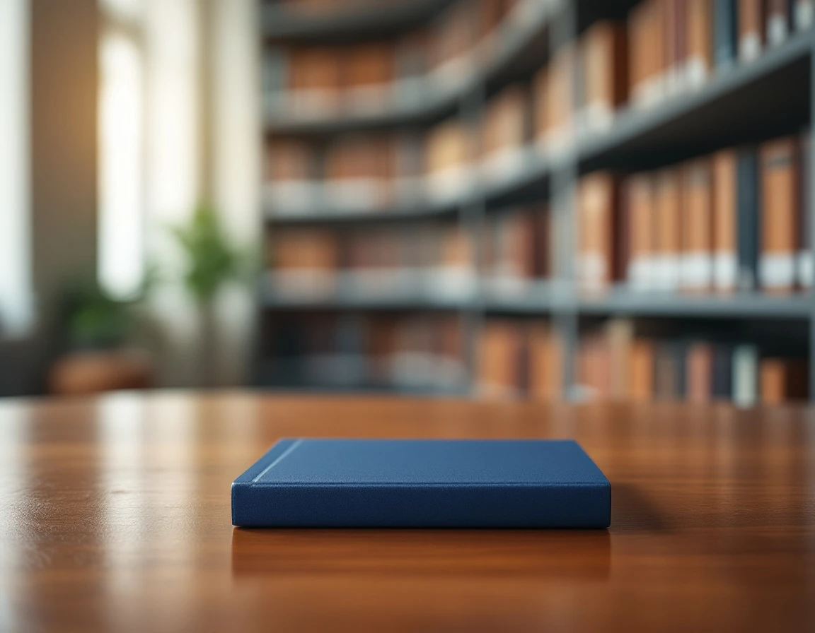Closed blue reference guide on wooden table with blurred library shelves in background