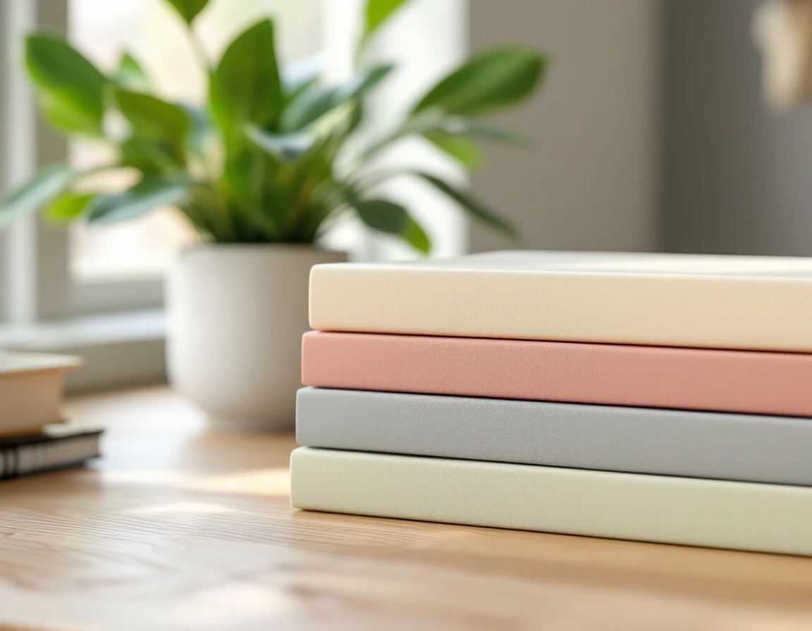 Stack of unmarked hardcover books on wooden desk with potted plant in soft natural lighting