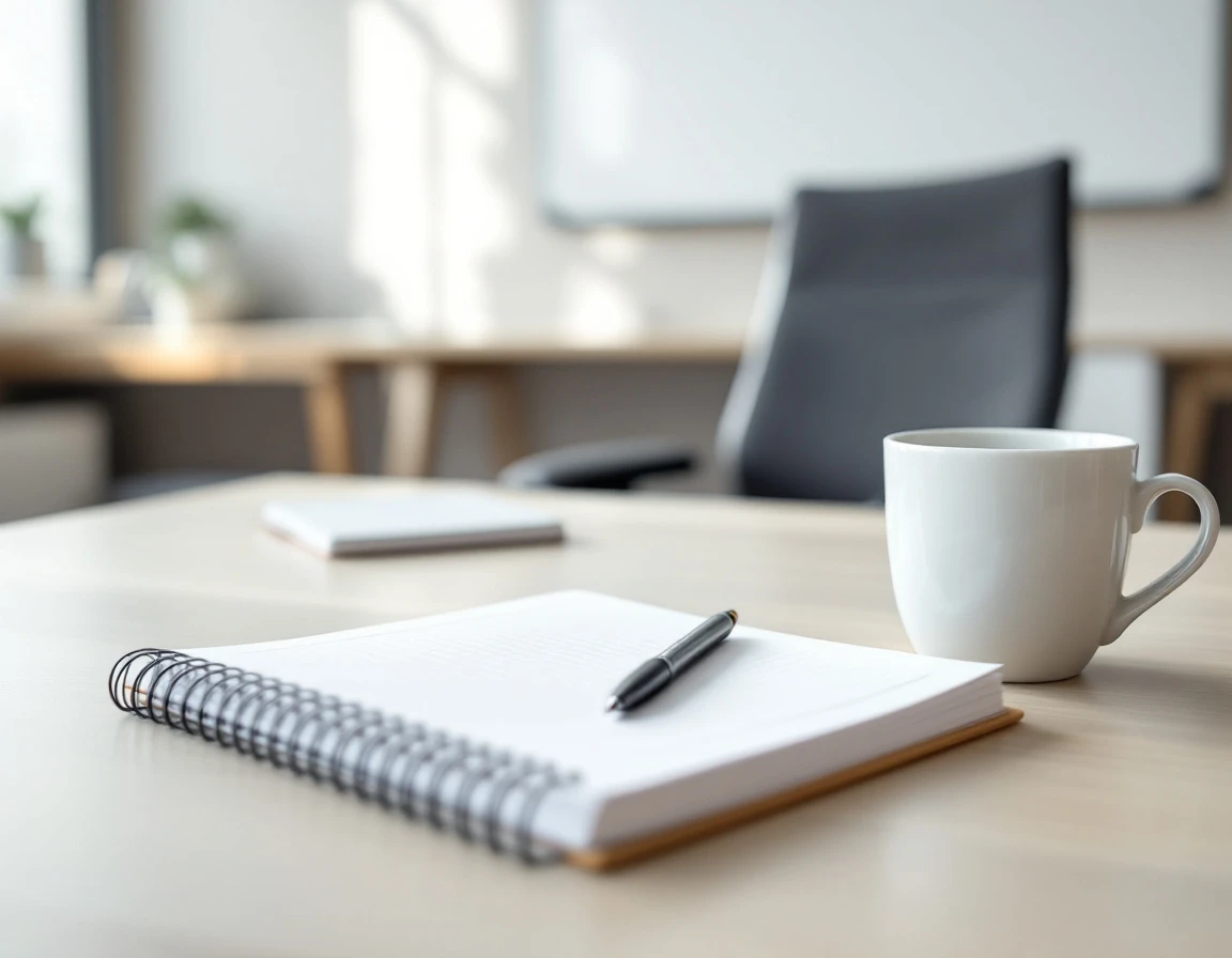 Training desk with reference manual and notepad in organized workspace