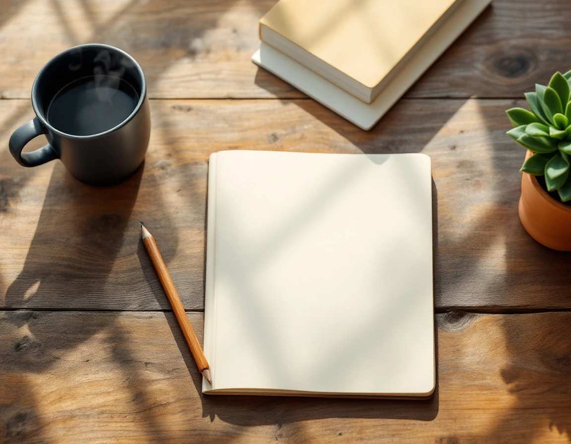 Minimalist wooden desk with open notebook, pencil, coffee mug, and succulent in warm natural light