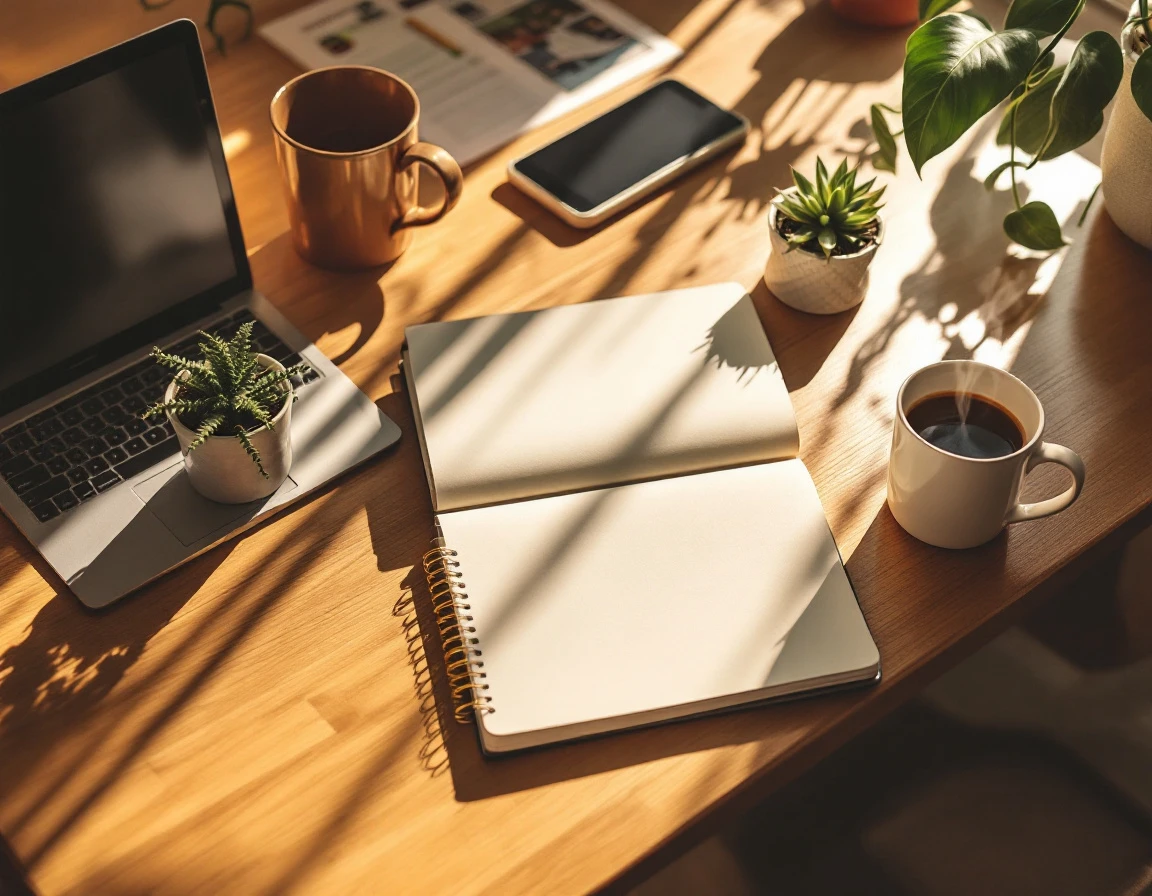 Organized wooden desk with blank journal, coffee, and plants in natural morning light