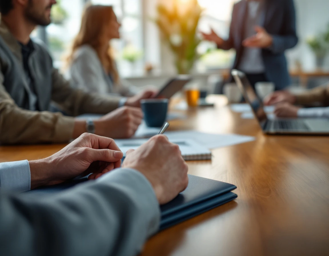 Hands and training materials around a conference table during a retail employee onboarding session