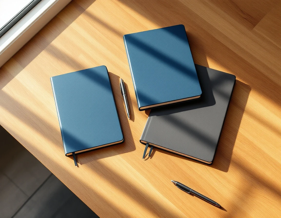 Clean notebooks and pens arranged on wooden desk in bright office training environment