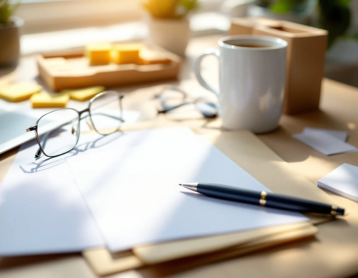 Organized desk workspace with office materials and documents in natural morning light