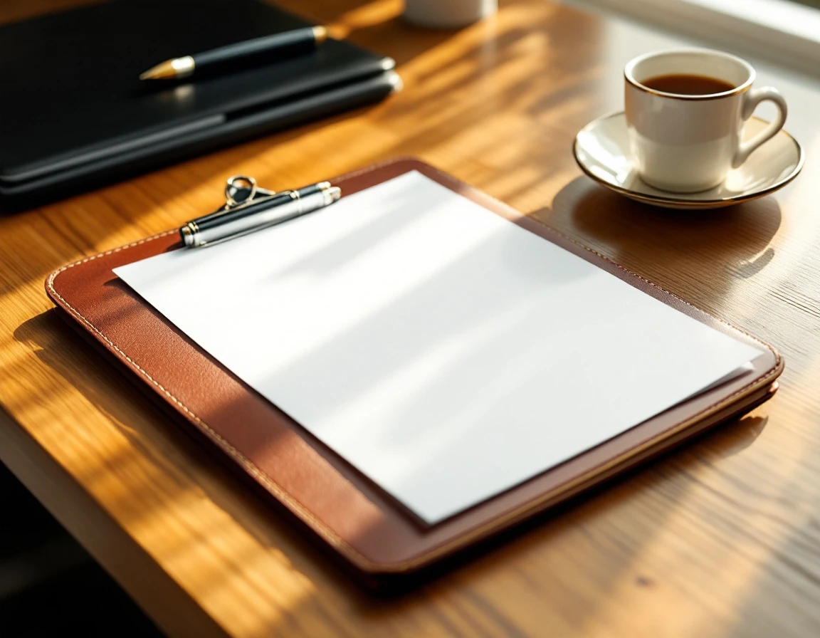 Leather notebook and unmarked papers on wooden desk suggesting professional documentation practices