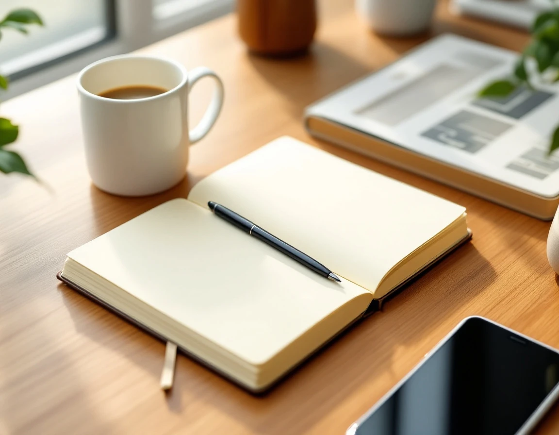 Blank notebook with pen and coffee mug on wooden desk in natural morning light