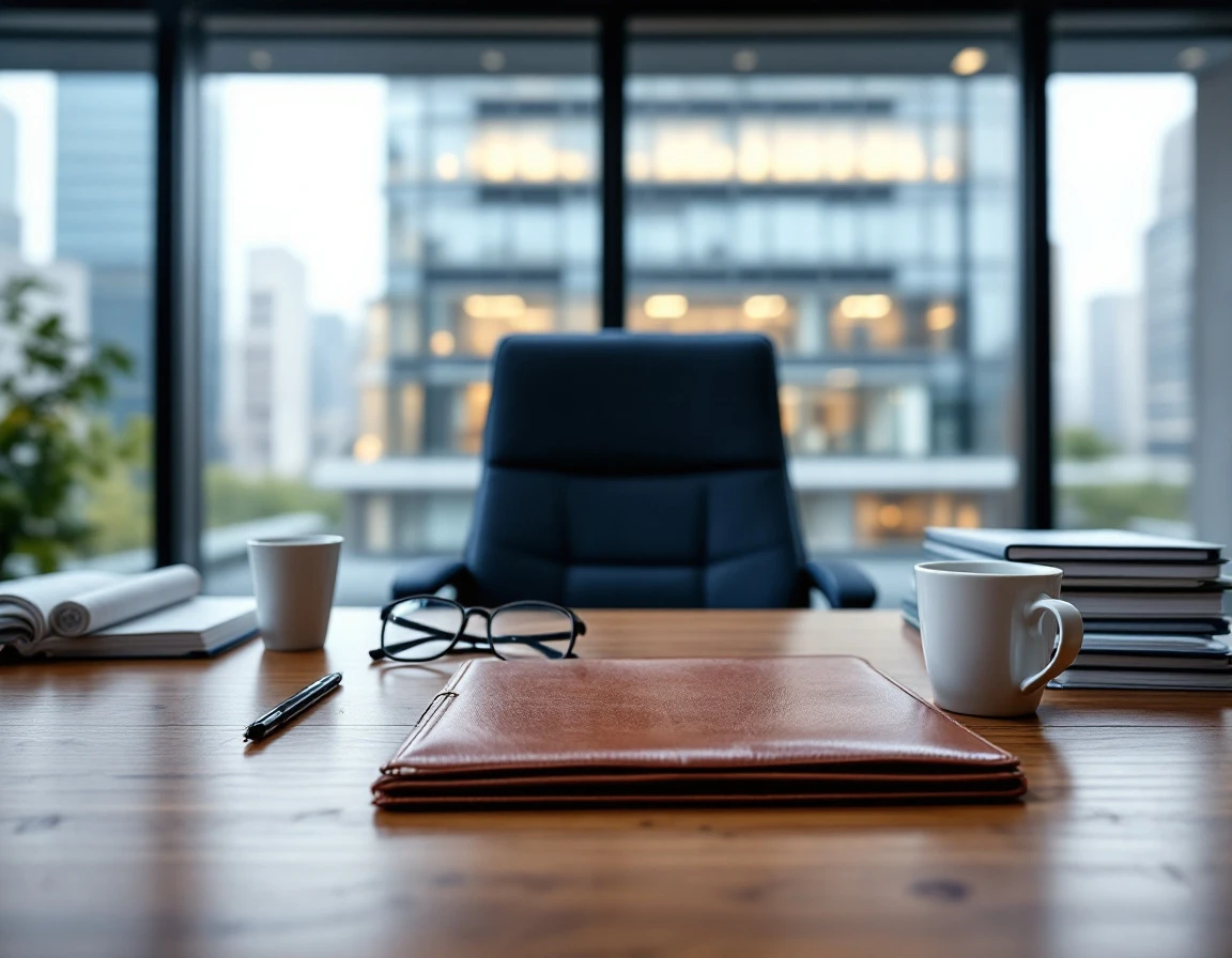 Empty hiring manager's desk with portfolio and coffee, windows overlooking modern office exterior