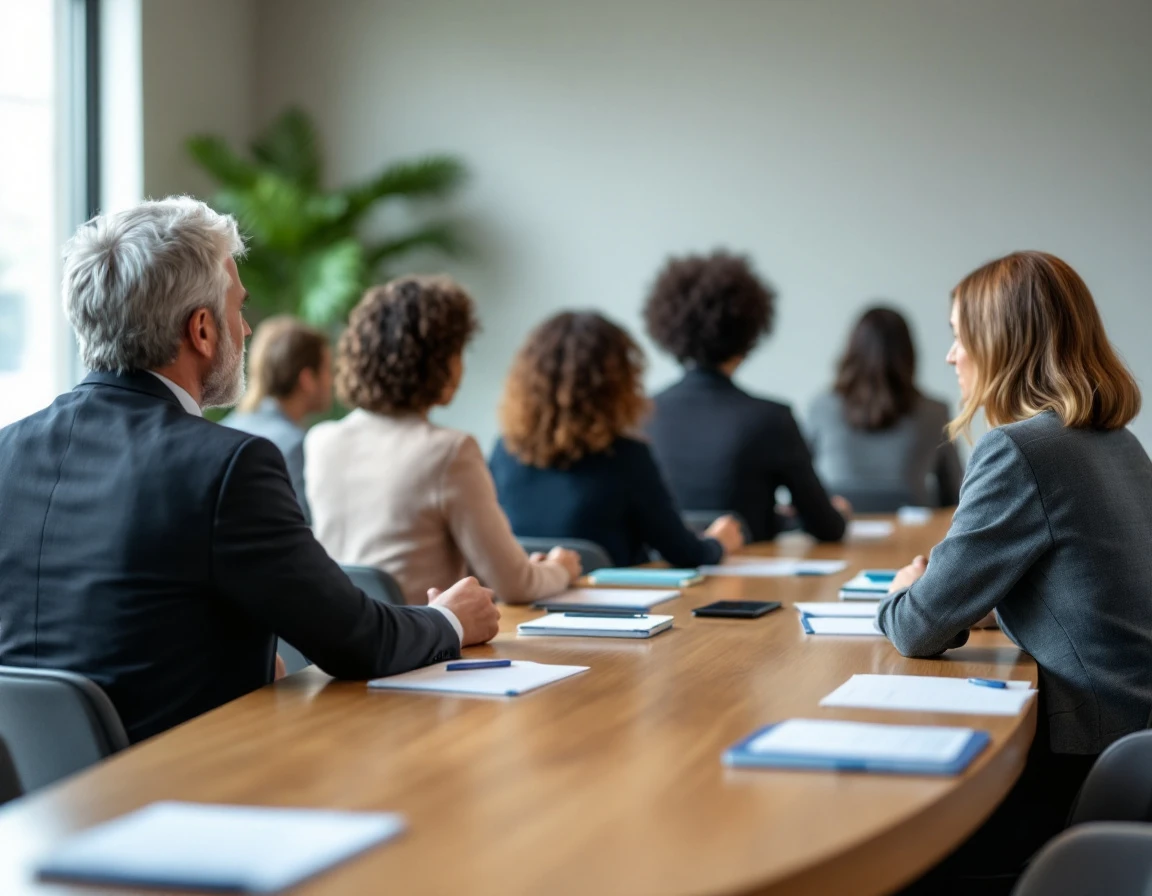 Diverse managers from behind attending age bias compliance training workshop in modern conference room