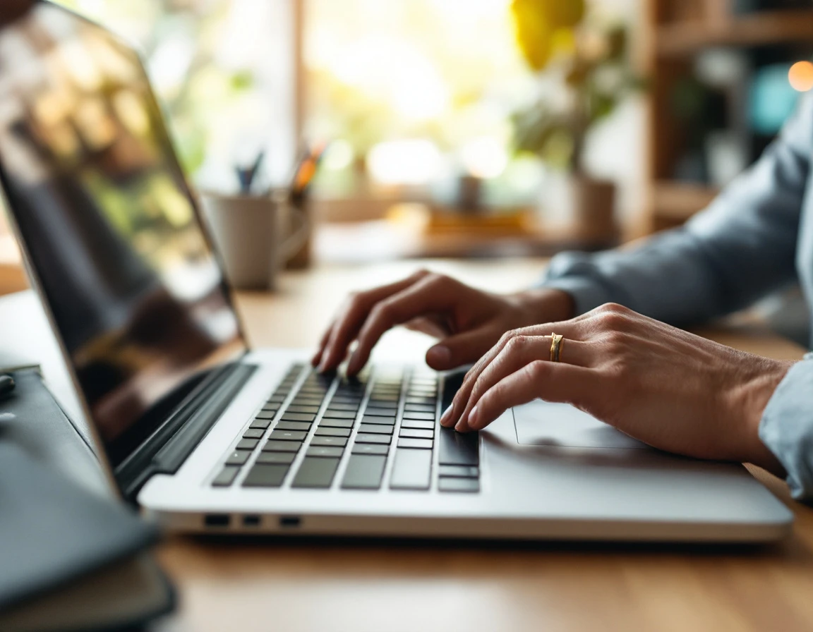 Close-up of hands typing on laptop in modern training workspace with natural lighting