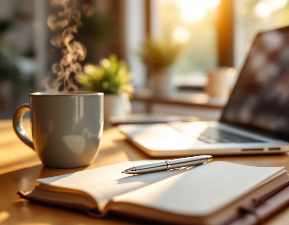 Office desk with coffee mug, notebook, and laptop reflecting natural light in a training workspace setting