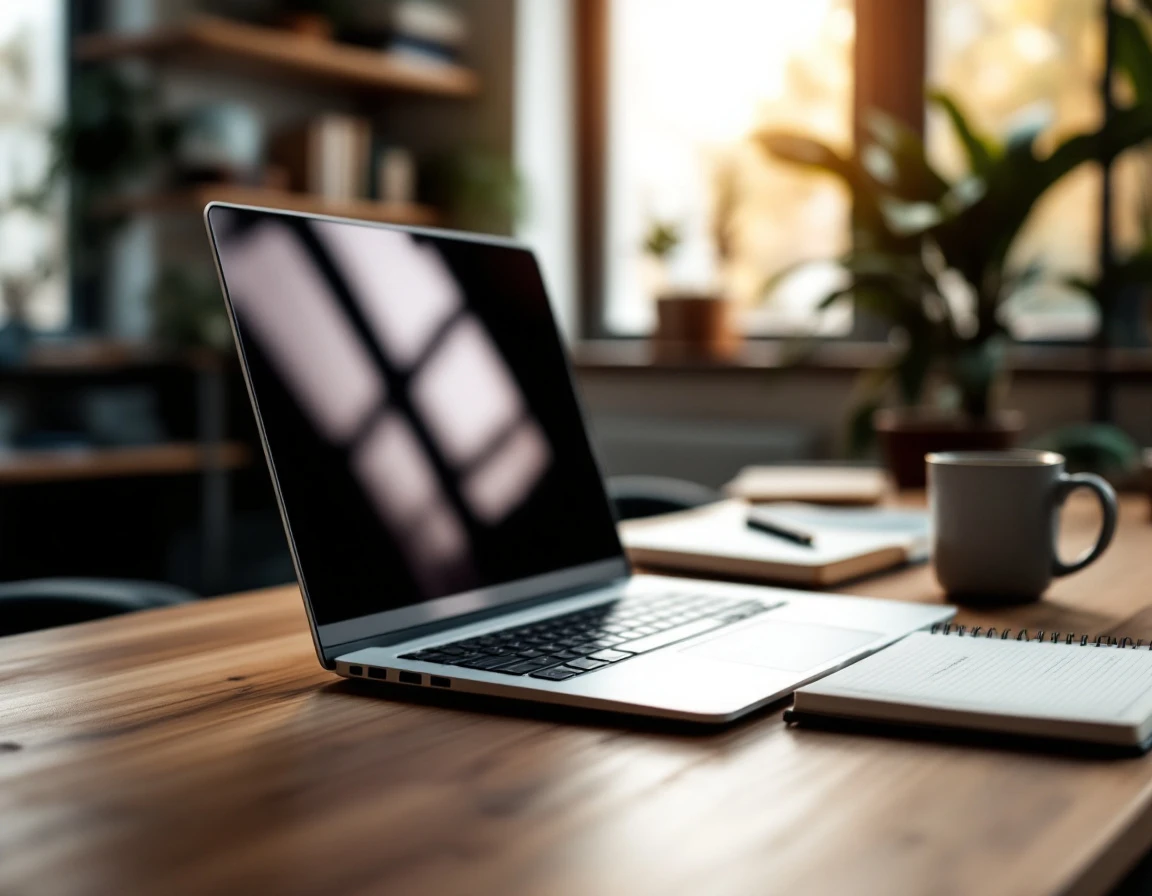 Modern training workspace with laptop and learning materials on wooden desk with natural lighting
