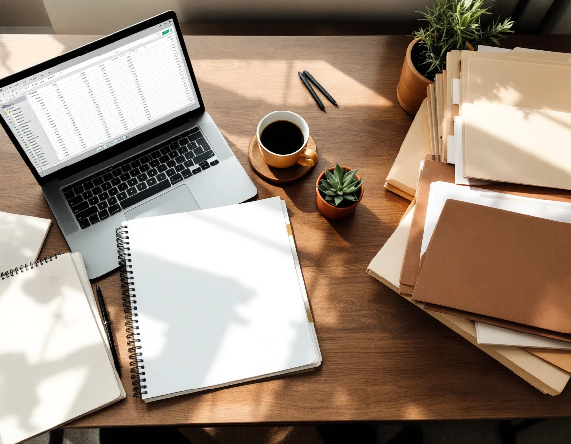 Organized desk with laptop, coffee, and file folders for tracking certification renewal deadlines