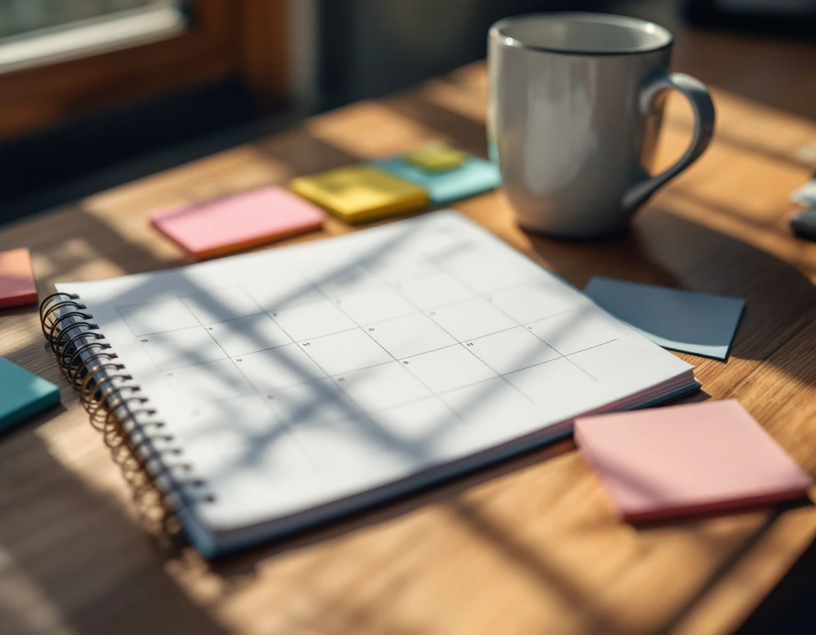 Spiral planner with colorful sticky notes on wooden desk beside coffee mug for certification deadline tracking