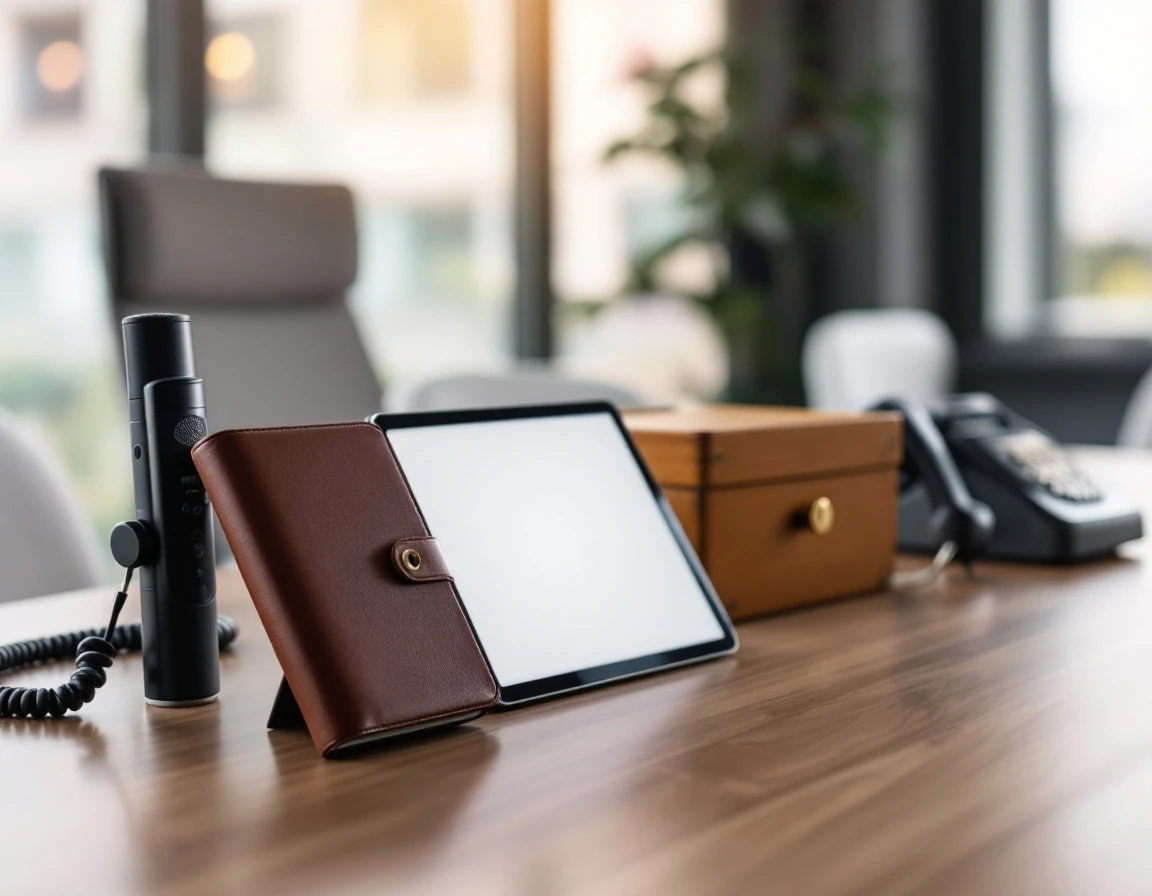 Five distinct feedback collection tools arranged on conference table in professional office setting
