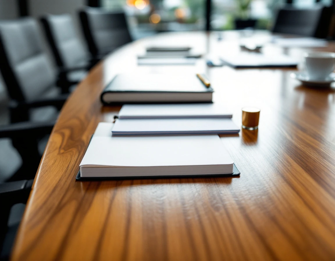 Corporate training materials arranged on conference table in professional learning environment