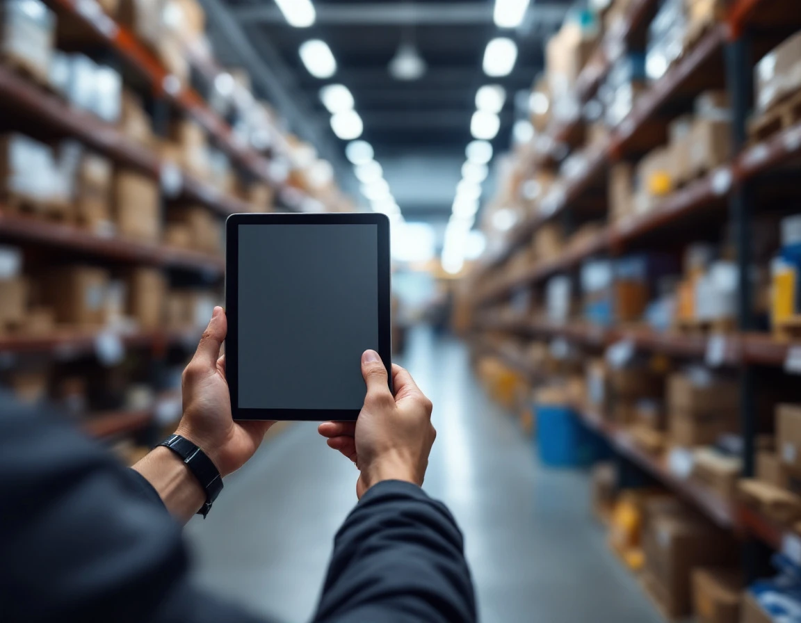 Retail employee using tablet for mobile training in stockroom with inventory shelves in background