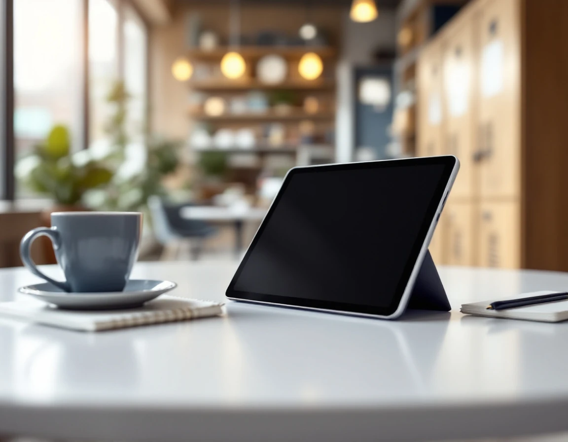 Tablet device on breakroom table with coffee mug in retail training environment