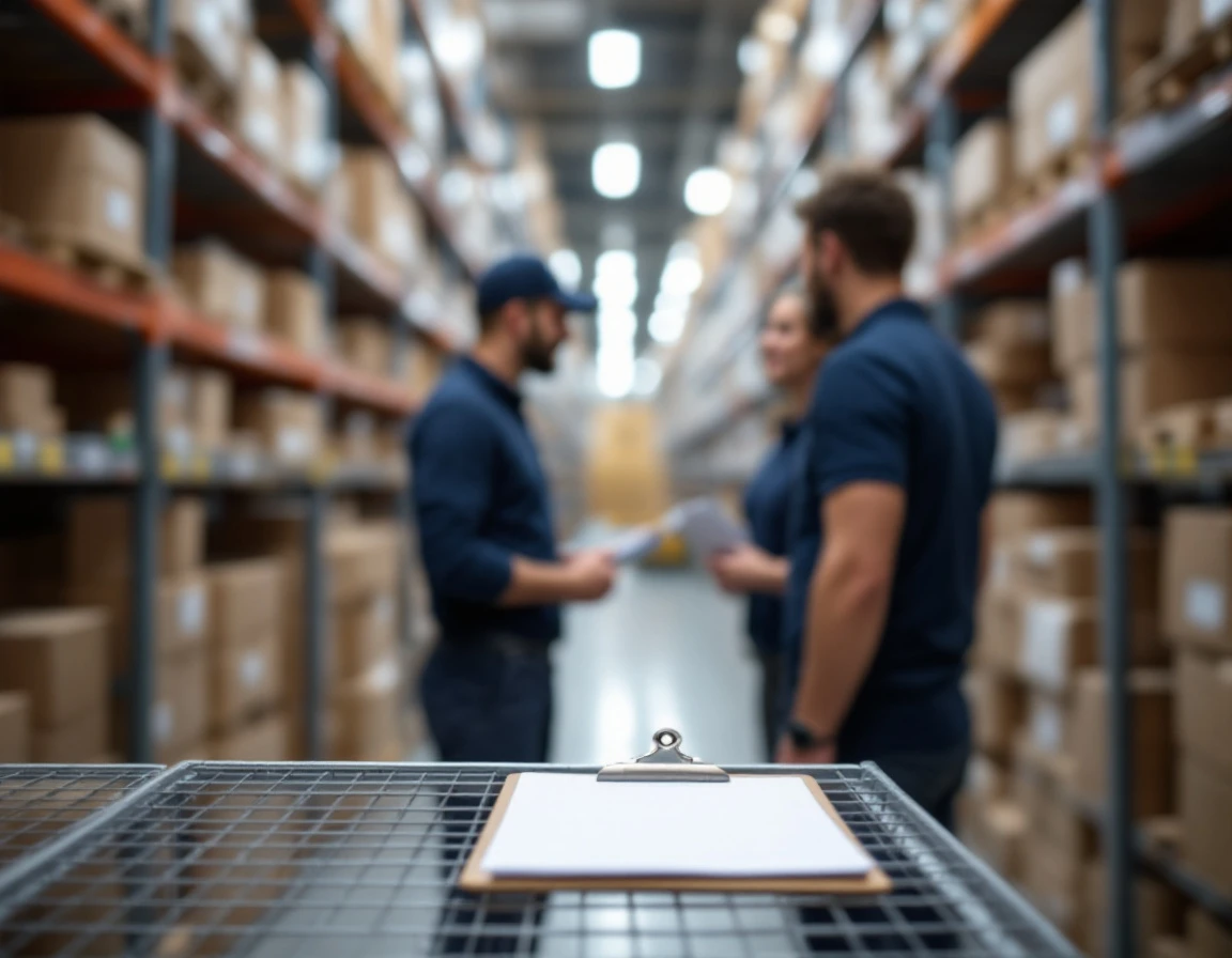 Blank clipboard and retail staff reviewing warehouse inventory procedures in professional training setting