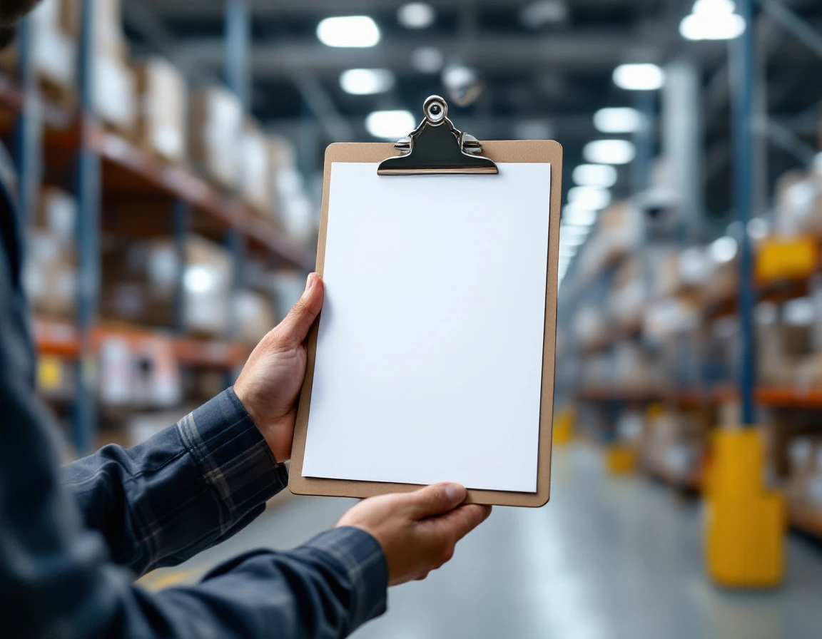 Warehouse supervisor holding blank training checklist in distribution center with security equipment visible