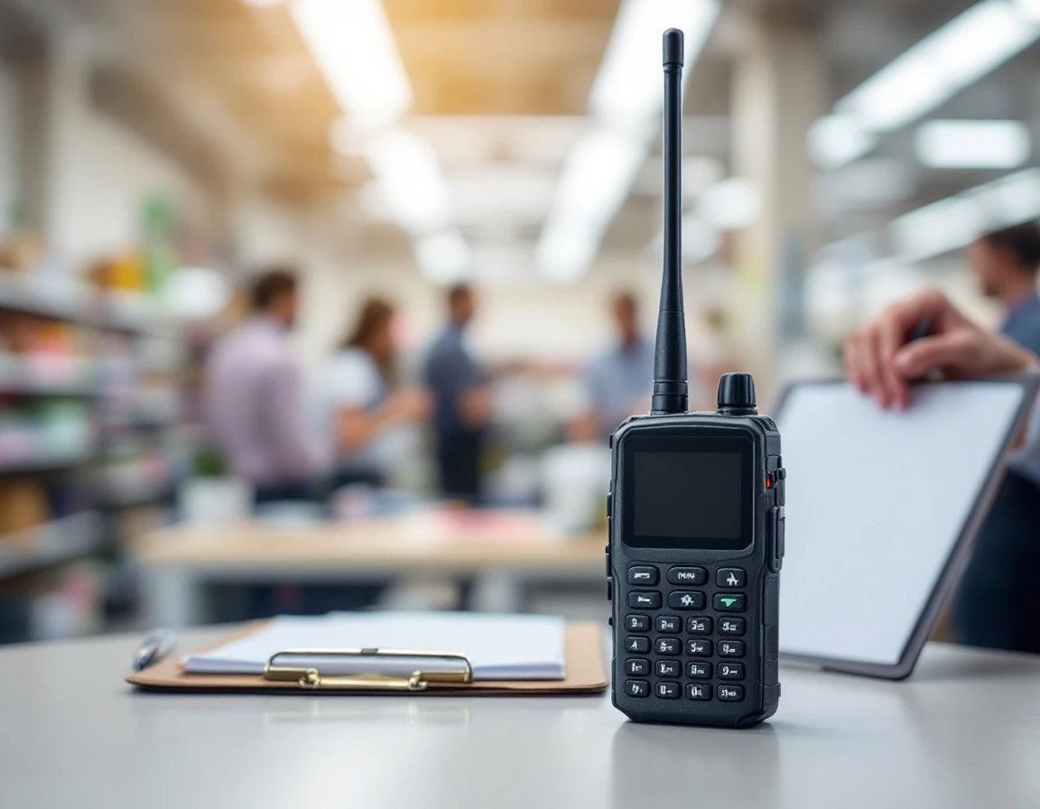 Security radio and blank clipboard on retail counter with blurred staff in background office