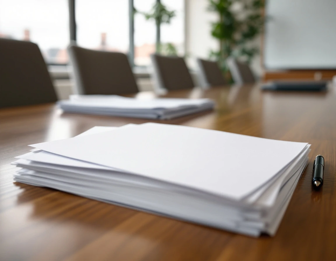 Organized compliance training materials and blank documents on conference table in corporate training room