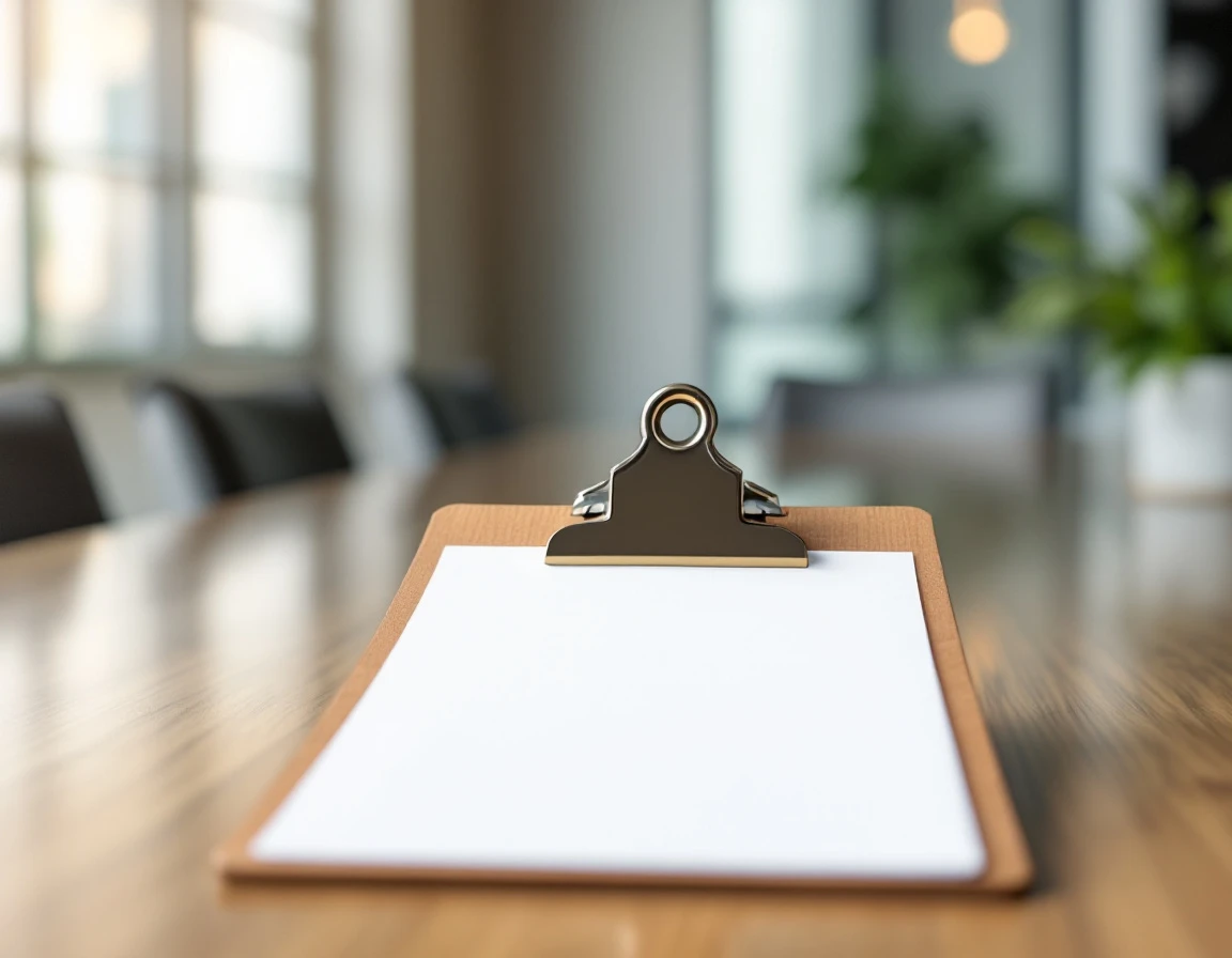 Blank clipboard on conference table representing standardized hiring interview frameworks