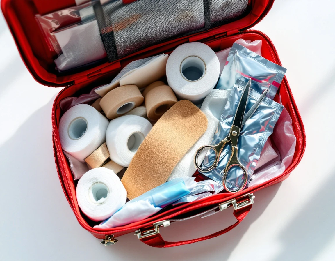 Open first aid kit with medical supplies including gauze, bandages, scissors, and antiseptic packets