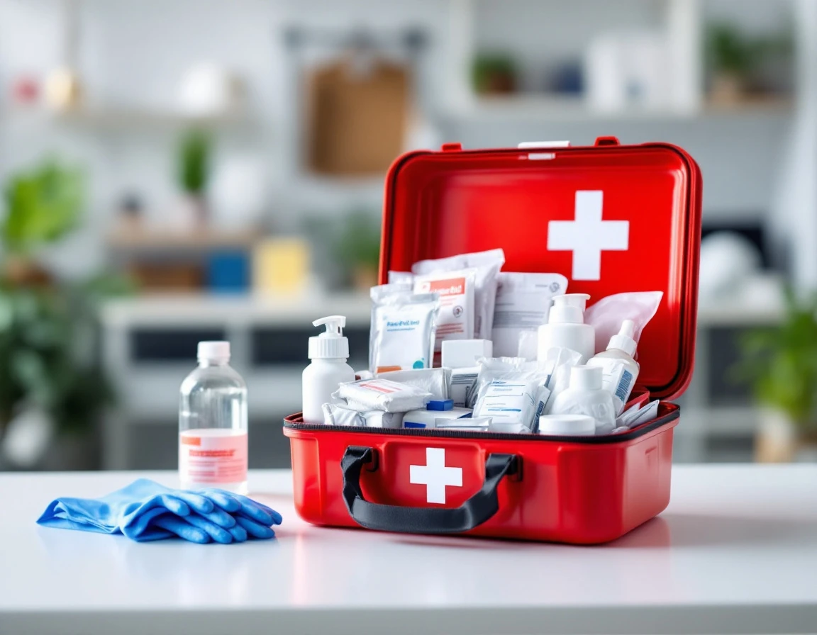 Workplace first aid kit with generic medical supplies and emergency response equipment on clean surface