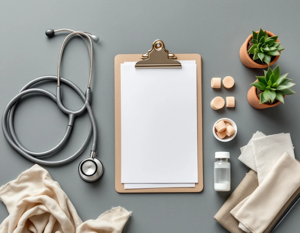 Workplace safety equipment including stethoscope, clipboard, and first aid supplies arranged in flat-lay composition