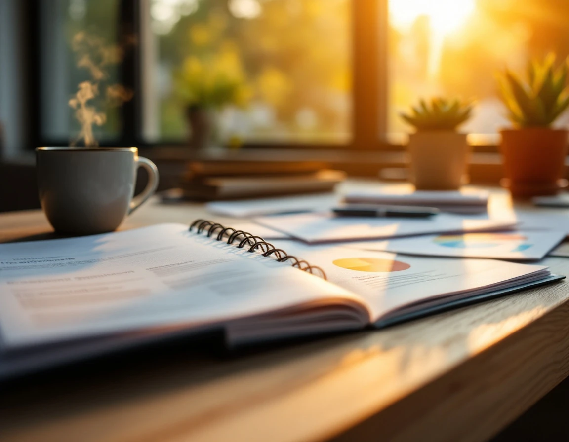 Training workbooks and printed materials arranged on wooden desk with coffee and plant in natural sunlight