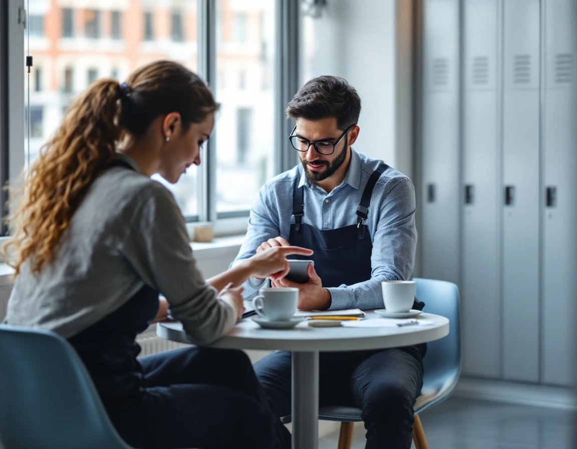 Two retail team members collaborating during a training review session in employee break room