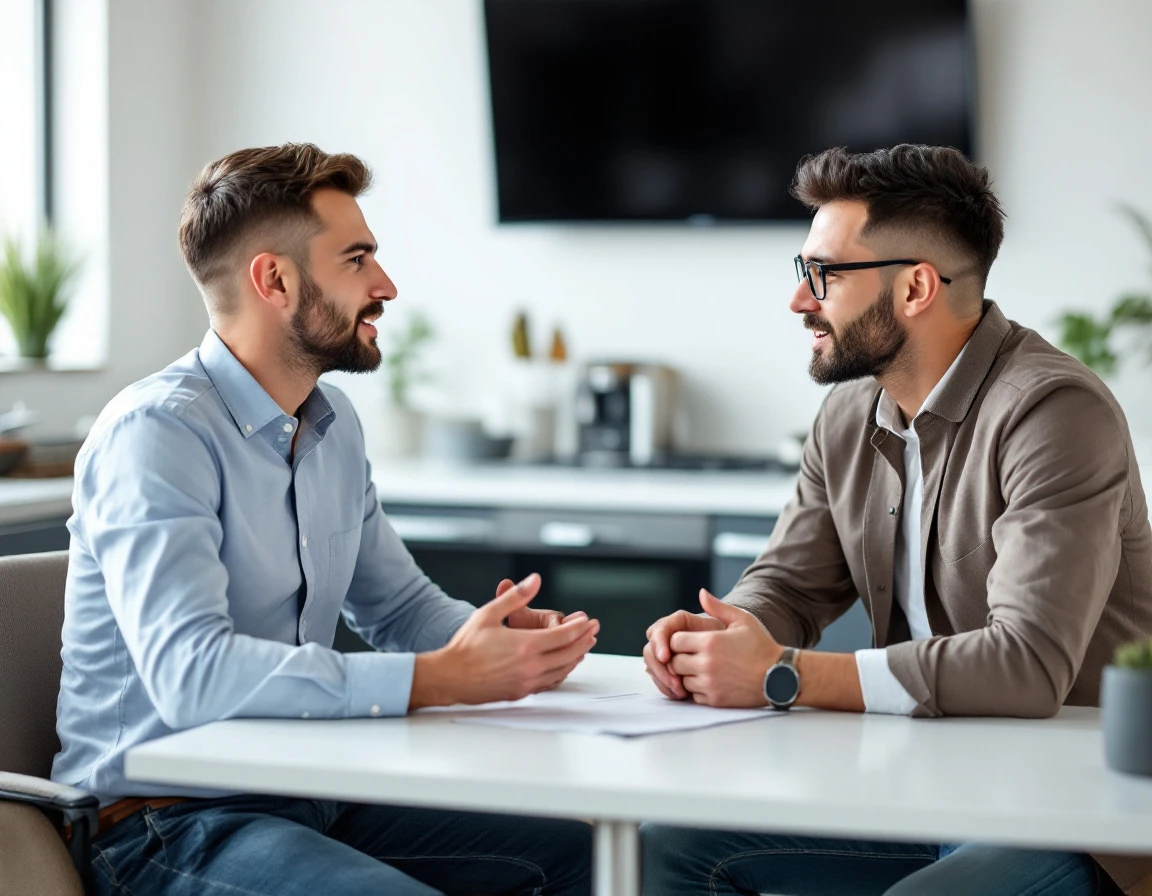 Two professionals in focused discussion at office table during collaborative training session