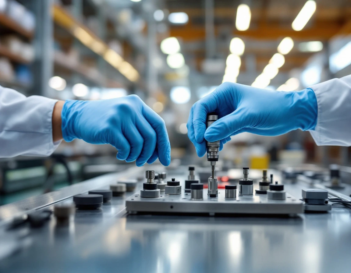 Manufacturing worker's gloved hands adjusting precision equipment during hands-on compliance training session