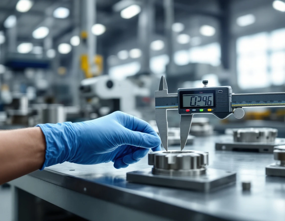 Precision caliper measuring metal component in manufacturing quality control station with natural lighting