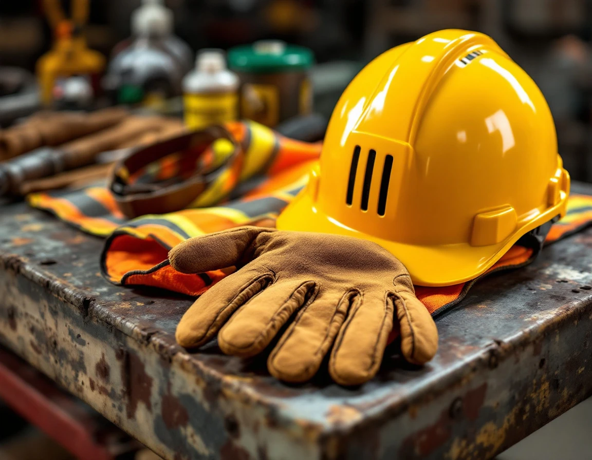 Safety equipment including hard hat, work gloves, and high-visibility vest on industrial workbench