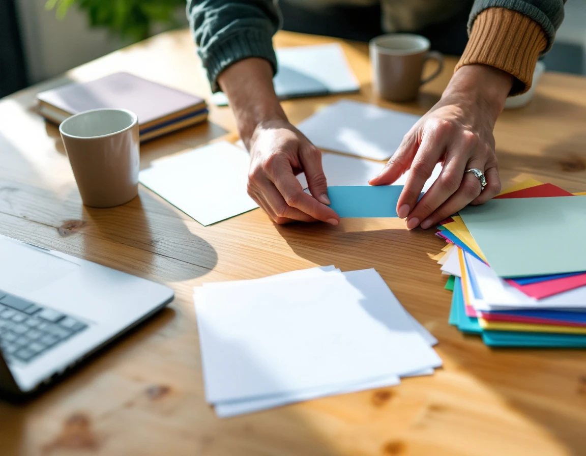 Training coordinator organizing color-coded skill assessment materials on wooden desk