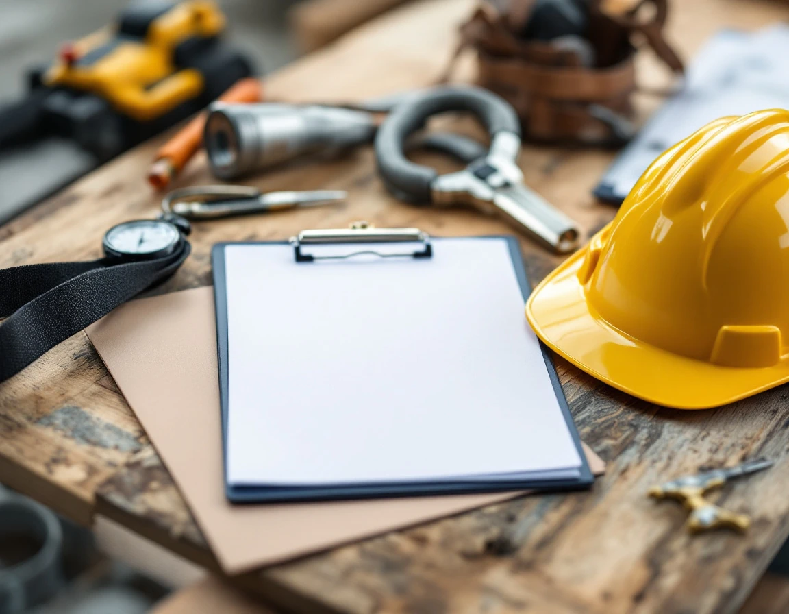 Construction site safety training materials with hard hat, clipboard, and stopwatch on plywood surface