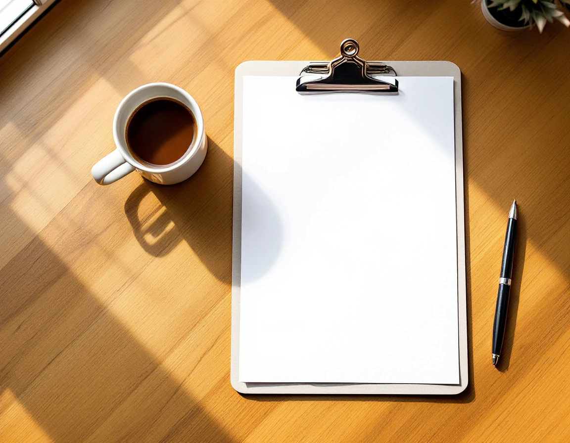 Blank clipboard with coffee mug and glasses on wooden desk in natural morning light