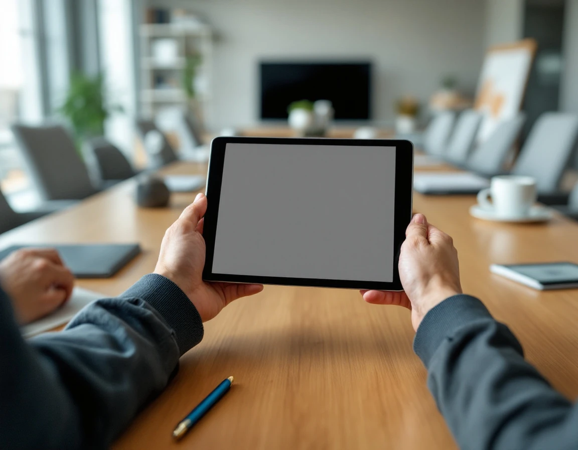 Hands reviewing blank tablet over conference table in professional office setting