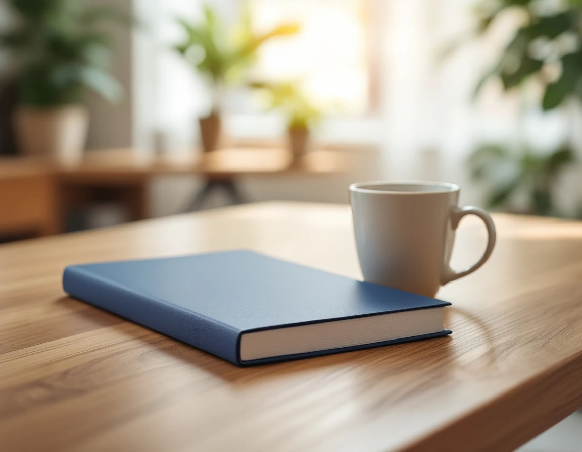 Closed training folder on wooden desk beside coffee mug in natural office lighting