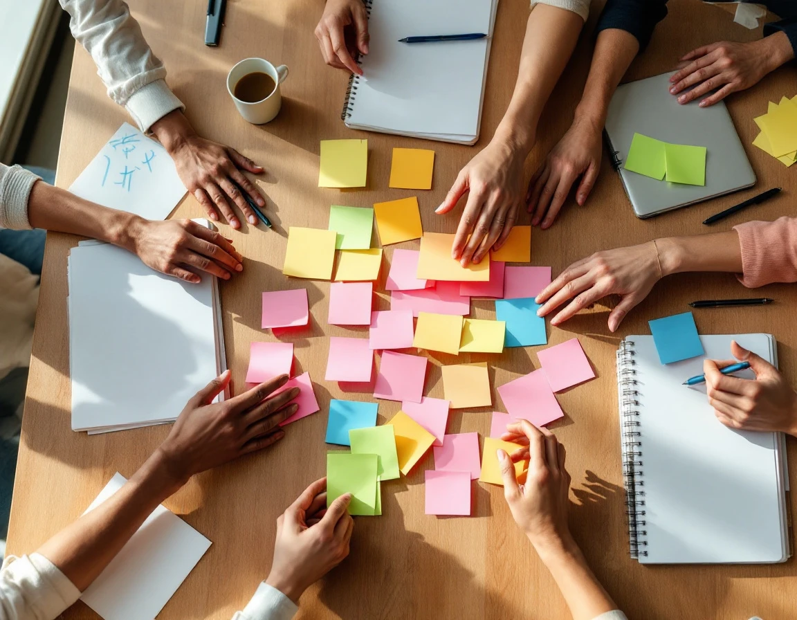 Team members collaborating with colorful sticky notes and blank planning materials on conference table