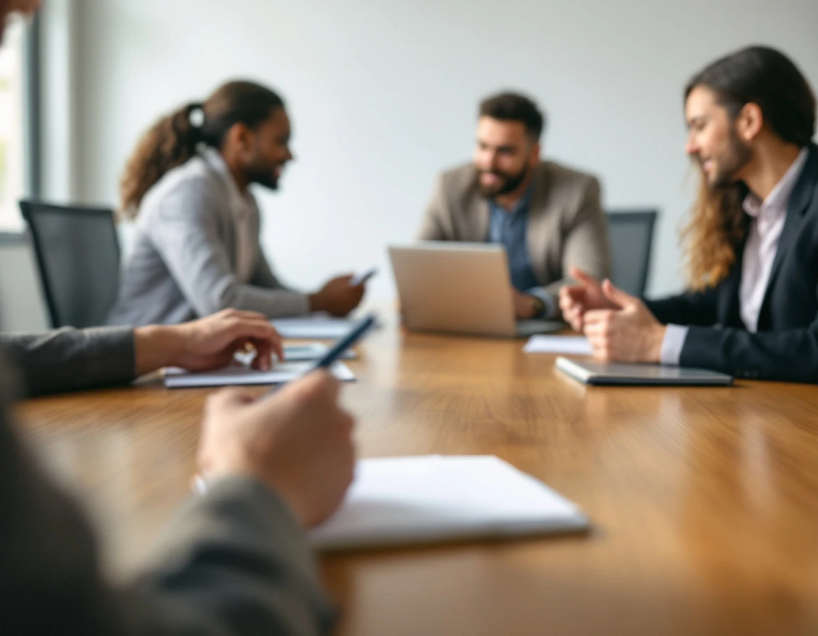 Business professionals engaged in collaborative training discussion around conference table with materials