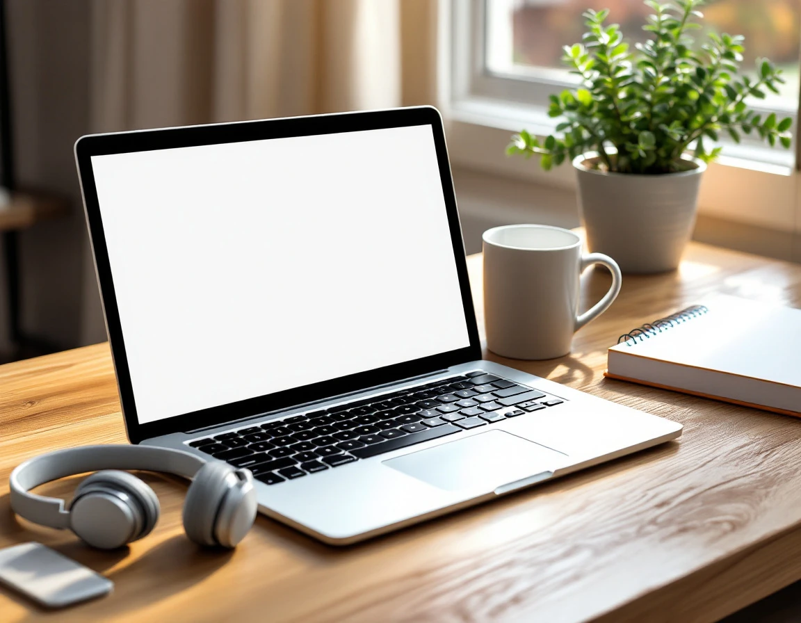 Minimalist desk workspace with laptop, headphones, and notebook for hybrid learning environment