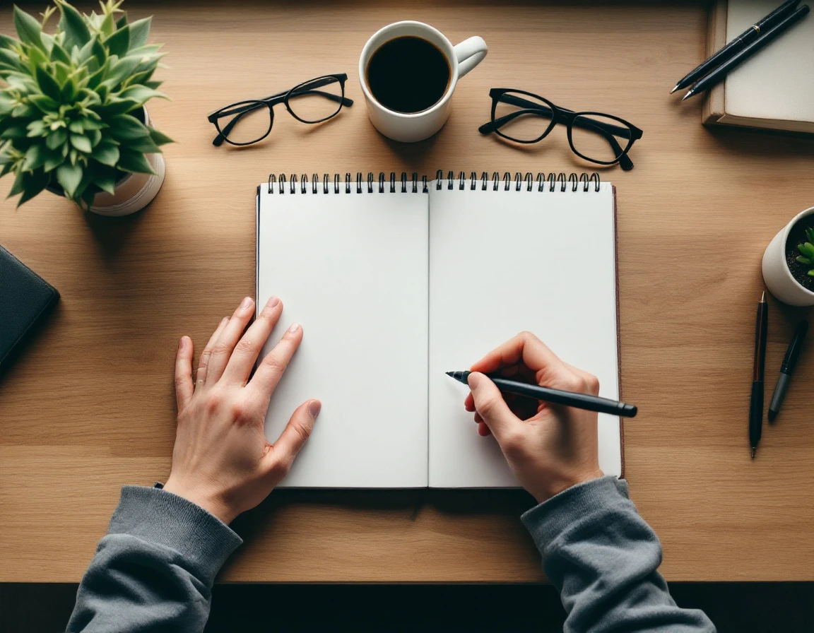 Overhead view of blank notebook with pen and coffee on wooden desk ready for performance review notes